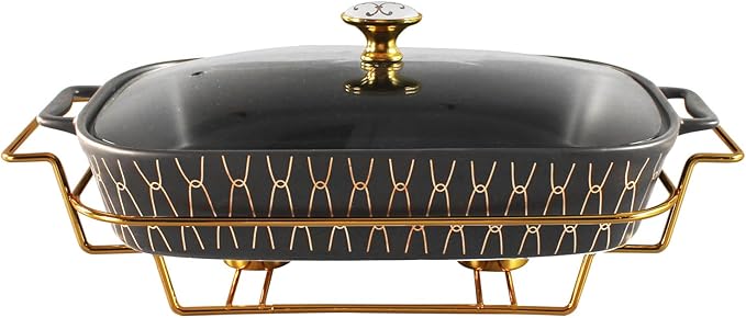 11" x 8" Ceramic Rectangular Casserole Dish with Glass Lid and rack, 1.6 Quart Serving Soup Tureen,Chafing Dish for Buffet, Family Food preserve Tray, Catering for Party Style, Black