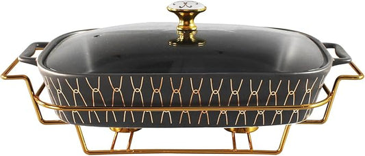 11" x 8" Ceramic Rectangular Casserole Dish with Glass Lid and rack, 1.6 Quart Serving Soup Tureen,Chafing Dish for Buffet, Family Food preserve Tray, Catering for Party Style, Black