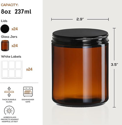 24 Pack, 8 OZ Thick Amber Candle Jars for Making Candle - Round Glass Jars with Lids - Empty Food Storage Containers, Canning/Mason Jar For Spice, Powder, Liquid, Sample - Leakproof & Food Grade - Image 2