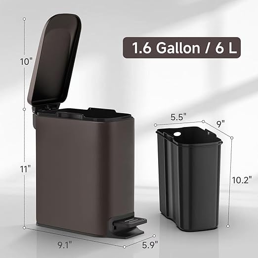 TIPGO Slim Bathroom Trash Can with Lid Soft Close, Step Pedal, 6 Liter / 1.6 Gallon Stainless Steel Trash Bin, Small Garbage Cans for Bedroom, Office, Kitchen (Brown) - Image 5
