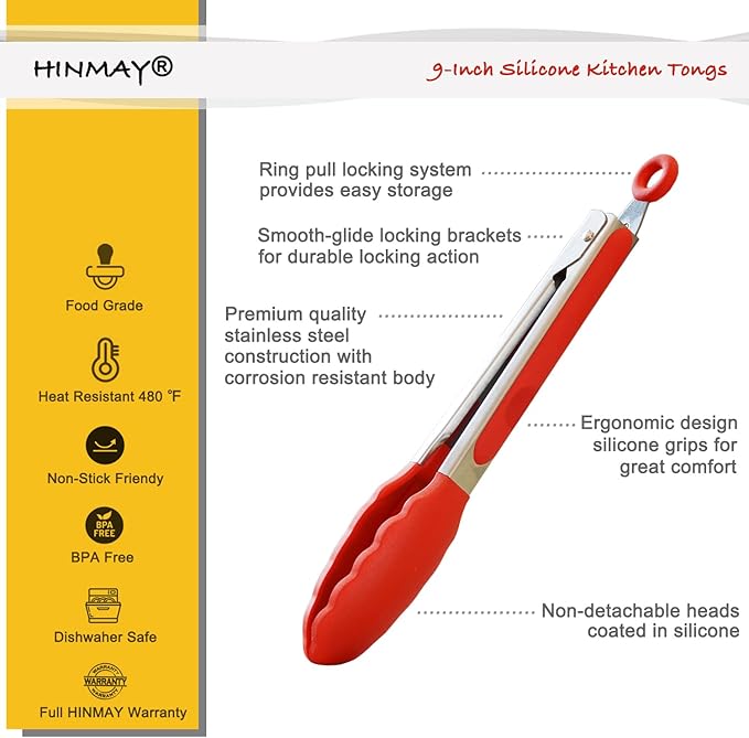 HINMAY Silicone Cooking Tongs 9-Inch Serving Tongs, Set of 3 (Red) - Image 2