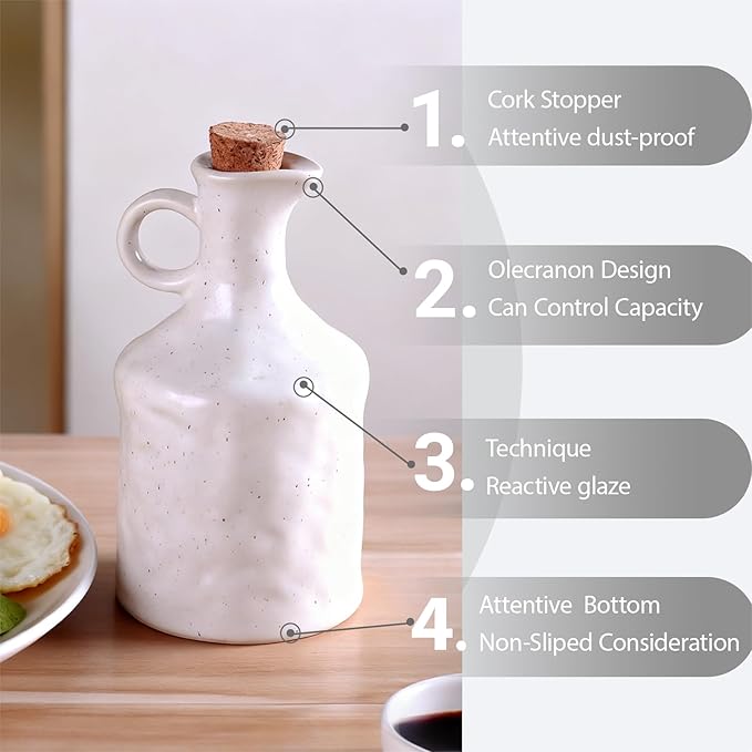 Ceramic Olive Oil Dispenser with Cork Stopper, 13.5 Oz Hand - crafted Reactive Glaze Texture Oil Pot, Leak - Proof Small Hole Spout for Kitchen, Ideal for Vinegar, Wine, Soy Sauce, Lemon Juice - Image 4