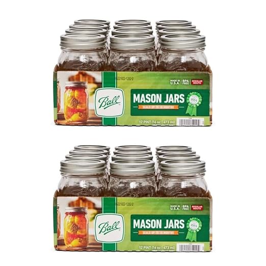Ball Regular Mouth Glass Mason Jars with Lids and Bands, Used for Canning (Pint, 16 Ounce (Pack of 24)) by BallJar