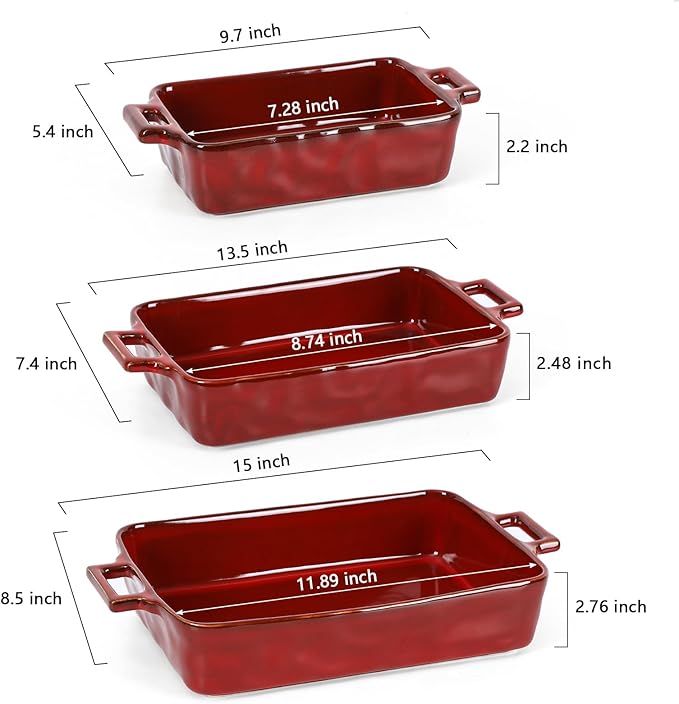 VICRAYS Ceramic Bakeware Set, Porcelain Rectangular Baking Dish, Baking Pan Lasagna Pans Casserole Dish Set for Cooking, Kitchen, Cake Dinner, Banquet, 3 PCS, 15 x 8.5 Inches (Cherry Red) - Image 3