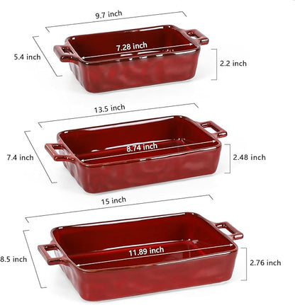 VICRAYS Ceramic Bakeware Set, Porcelain Rectangular Baking Dish, Baking Pan Lasagna Pans Casserole Dish Set for Cooking, Kitchen, Cake Dinner, Banquet, 3 PCS, 15 x 8.5 Inches (Cherry Red) - Image 3