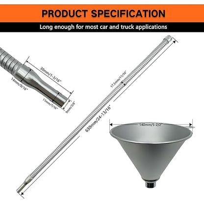 24.8" Steel Bendable Universal Spout Funnel with Filter for All Automotive Oils, Flexible Long Funnel for Transmission Fluid, Diesel Fuel and Other Liquids with Gloves