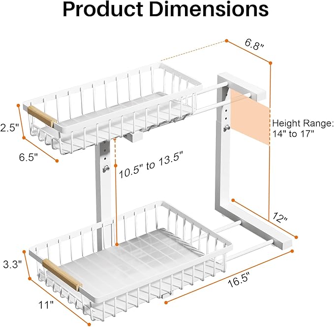 REALINN Under Sink Organizer, Height Adjustable 2 Tier Pull Out Cabinet Storage, L-Shaped Drawer Organizer for Kitchen Sink Organizer, Bathroom Organizers and Storage, Smooth Sliding Rails, White