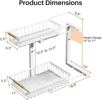 REALINN Under Sink Organizer, Height Adjustable 2 Tier Pull Out Cabinet Storage, L-Shaped Drawer Organizer for Kitchen Sink Organizer, Bathroom Organizers and Storage, Smooth Sliding Rails, White