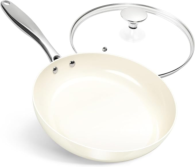 MICHELANGELO 10 Inch Frying Pan with Lid, Nonstick Fry Pan with Ceramic Coated, Induction Compatible Skillet, PFAS & PFOA-Free, White by Michelangelo