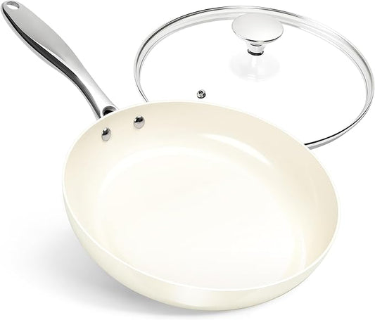 MICHELANGELO 10 Inch Frying Pan with Lid, Nonstick Fry Pan with Ceramic Coated, Induction Compatible Skillet, PFAS & PFOA-Free, White by Michelangelo