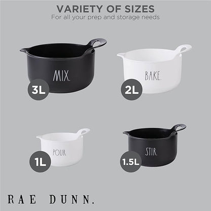 Rae Dunn Non-Slip Mixing Bowls - 4 Piece Nesting Plastic Mixing Bowl Set with Pour Spouts and Handles-Measurement Markings (Black)