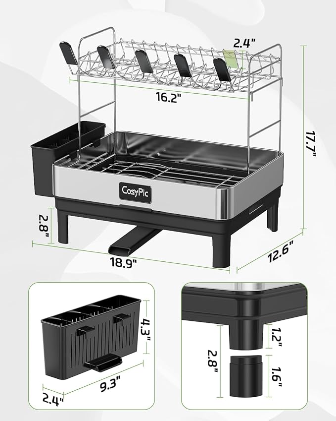 2 Tier Dish Drying Rack, Thicker Premium 304 Stainless Steel Dish Racks for Kitchen Counter, Automatic Drainage Spout, Dish Drainer & Drainboard Set with Utensil Holder and Cup Holder, Black - Image 6