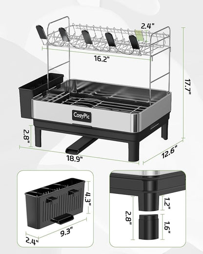 2 Tier Dish Drying Rack, Thicker Premium 304 Stainless Steel Dish Racks for Kitchen Counter, Automatic Drainage Spout, Dish Drainer & Drainboard Set with Utensil Holder and Cup Holder, Black - Image 6