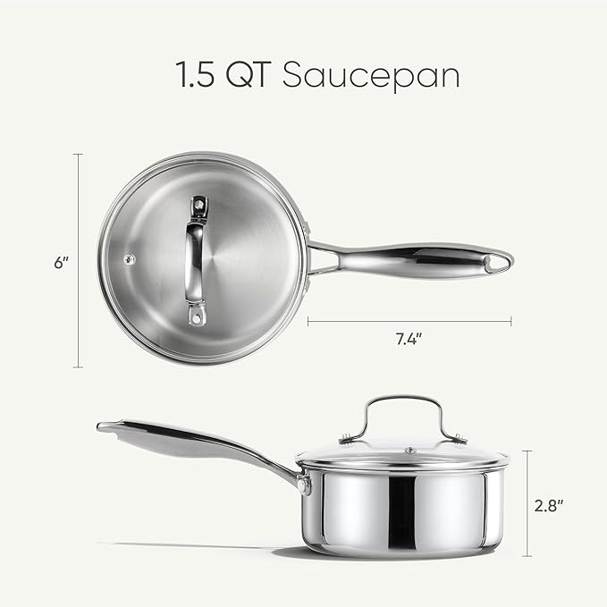 CAROTE 1.5Qt Stainless Steel Saucepan, Non-Toxic 3-Ply Stainless Steel Cookware Set with Lids, Small Kitchen Pots, Oven Safe, Compatible with Induction, Ceramic, Gas - Image 2