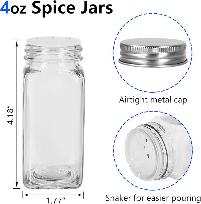 Keketin 30 Pack Glass Spice Jars 4 oz with Labels, Empty Square Spice bottles Seasoning Containers with Silver Caps and Shaker Lids(80 Black Labels,1 Funnel,1 Pen and 1 Brush Included) - Image 3
