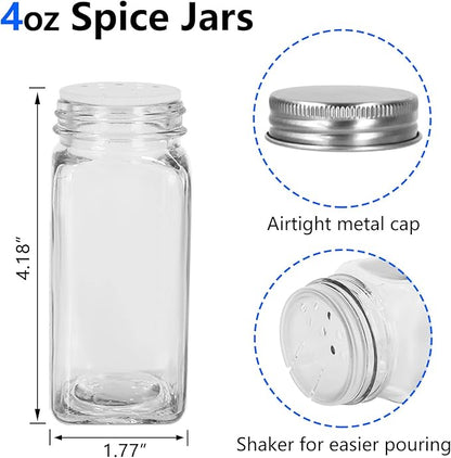 Keketin 30 Pack Glass Spice Jars 4 oz with Labels, Empty Square Spice bottles Seasoning Containers with Silver Caps and Shaker Lids(80 Black Labels,1 Funnel,1 Pen and 1 Brush Included) - Image 3