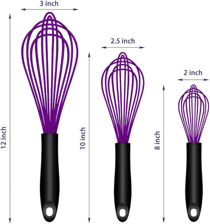 OYV Dishwasher Safe Purple Silicone Whisk, Sealed Waterproof Design Set of 3, Professional Kitchen Whisks for Cooking Non-Scratch, Silicone & Stainless Steel Whisk, Heat Resistant Balloon Egg Beater - Image 6