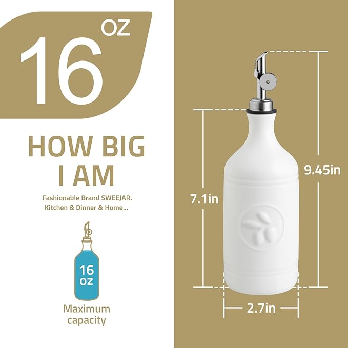 Sweejar 16 Oz Ceramic Olive Oil Dispenser Bottle, Oil Dispenser for Kitchen with Gravity Spout, Relief Opaque Oil Container for Evoo, Avocado Oil, Vinegar, Soy Sauce, 1 Pack(Turquoise, Silver Spout) - Image 5