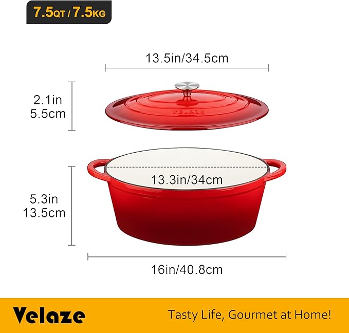 Velaze 7.5 QT Enameled Oval Dutch Oven Pot with Lid, Cast Iron Dutch Oven with Dual Handles for Bread Baking, Cooking, Frying, Non-stick Enamel Coated Cookware (RED) - Image 7