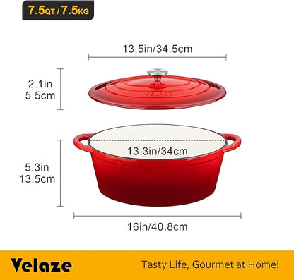 Velaze 7.5 QT Enameled Oval Dutch Oven Pot with Lid, Cast Iron Dutch Oven with Dual Handles for Bread Baking, Cooking, Frying, Non-stick Enamel Coated Cookware (RED) - Image 7