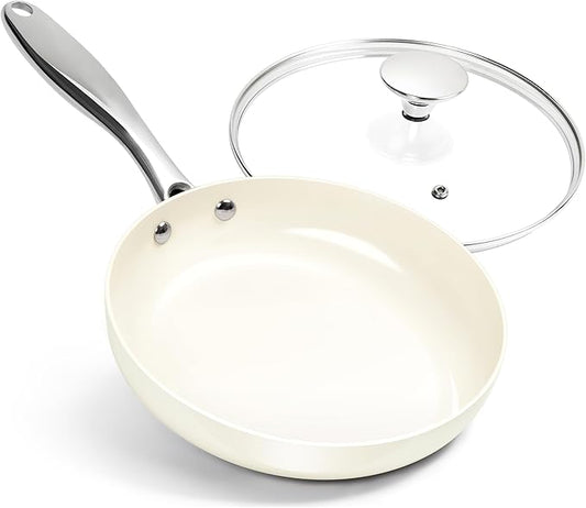 MICHELANGELO Small Frying Pan with Lid, 8 Inch Non Stick Fry Pan, Non Toxic Ceramic Skillet, Oven Safe, Induction Compatible, White by Michelangelo