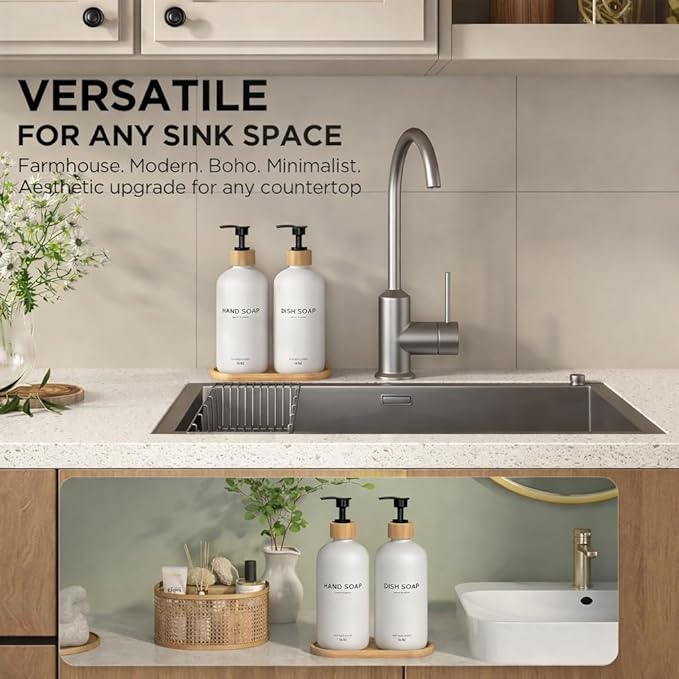 Hand and Dish Soap Dispenser Set,16oz Glass Bottles with Printed Labels, Bamboo Tray & Pump,Countertop Soap Dispensers for Kitchen,Luxury, Minimalist & Farmhouse Decor (Hand Dish (White)) - Image 3