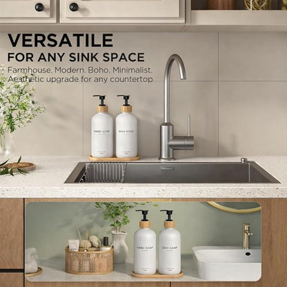 Hand and Dish Soap Dispenser Set,16oz Glass Bottles with Printed Labels, Bamboo Tray & Pump,Countertop Soap Dispensers for Kitchen,Luxury, Minimalist & Farmhouse Decor (Hand Dish (White)) - Image 3
