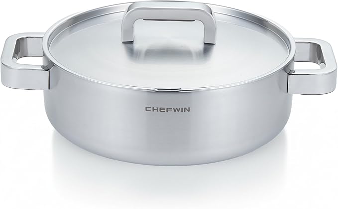 316 Stainless Steel 3.8 Quart Brazier with Lid Stew Pot, Induction Cookware, Dishwasher Safe & Oven Safe, Stay-Cool Silicone Handle
