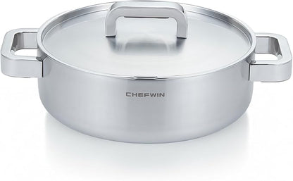 316 Stainless Steel 3.8 Quart Brazier with Lid Stew Pot, Induction Cookware, Dishwasher Safe & Oven Safe, Stay-Cool Silicone Handle
