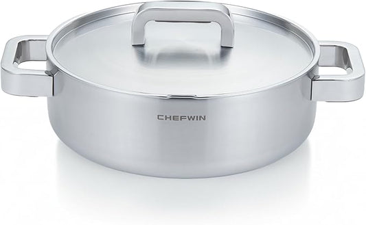 316 Stainless Steel 3.8 Quart Brazier with Lid Stew Pot, Induction Cookware, Dishwasher Safe & Oven Safe, Stay-Cool Silicone Handle