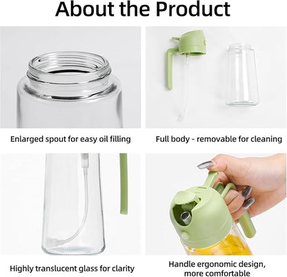 Aovdy 16oz/470ml Glass Olive Oil Sprayer for Cooking - 2 in 1 Olive Oil Dispenser Bottle Spray and Pour for Kitchen Gadgets Cooking Air Fryer Salad BBQ (Green)