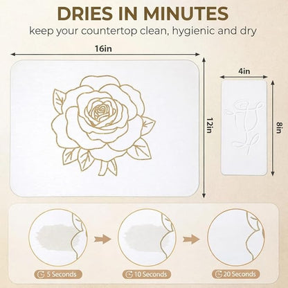 Stone Dish Drying Mat for Kitchen Counter, Glittery Resin Rose Pattern Quick Drying Mat, Water Absorbing Diatomaceous Pad for Plate Bottle Utensil Rack,Space Saving (Gold & White, 16"×12")