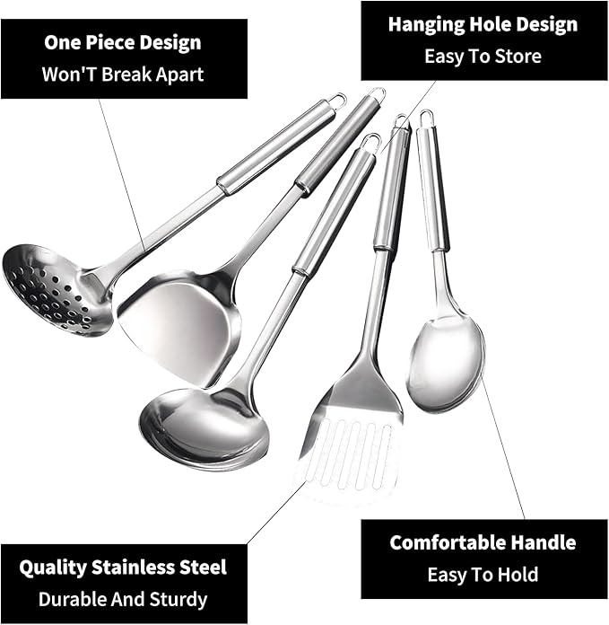 Stainless Steel Cooking Utensils Set, 5 Pcs Stainless Steel Kitchen Utensils Set, Wok Utensils Set Include Wok Ladle, Slotted Spoon, Soup, Wok Spatula and Slotted Spatula - Image 3