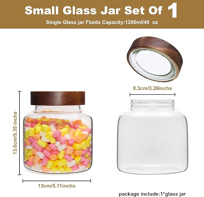 40 oz Glass Jars with Wooden Airtight Lid Herb Spice Canister Round Clear Glass Food Storage Container for Pantry Sugar Tea Coffee Bean Spice Cookies Bath Salts (1200ml/40oz-1 Pack) - Image 2