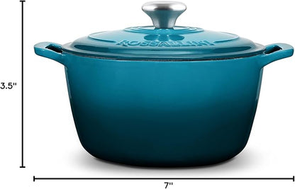 ROSSALLINI Signature Enameled Cast Iron Dutch Oven, Non-Stick Serving Pot with Tight Fitting Lid for Perfect Roasting, Baking, Sauteing, and Bread Making | 2Q (1.9L) - Ocean Blue