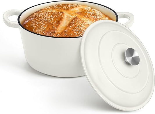 P&P CHEF 7QT Enameled Dutch Oven, Cast Iron Dutch Oven Pot with Lid for Bread Baking, Enameled Casserole Pot for Roasting Braising Stewing Frying Simmering, Various Stoves & Easy Clean, White