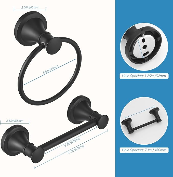 RUMOSE Toilet Paper Holder and Hand Towel Ring Matte Black Wall Mount Bathroom Hardware Accessories 2 PCS Set Flexible Pivoting Toilet Tissue Roll Holder and Towel Hanger, Stainless Steel