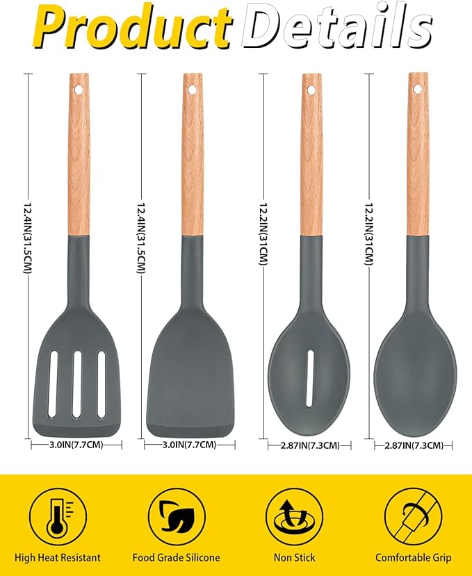 Pack of 4 Silicone Cooking Utensils Set, Non Stick Solid Spatulas and Heat Resistant Slotted Spoons with Wooden Handle, Ideal Wood Kitchen Utensils Set for Frying,Serving,Turning,Stirring (GRAY) - Image 3