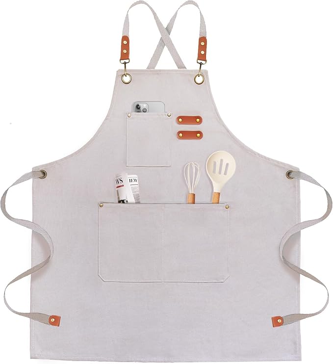 OUNLEN Chef Apron for Men Women Canvas Aprons with 3 Pockets Cross Back Resistant Work Apron for Cooking by OUNLENAPRON
