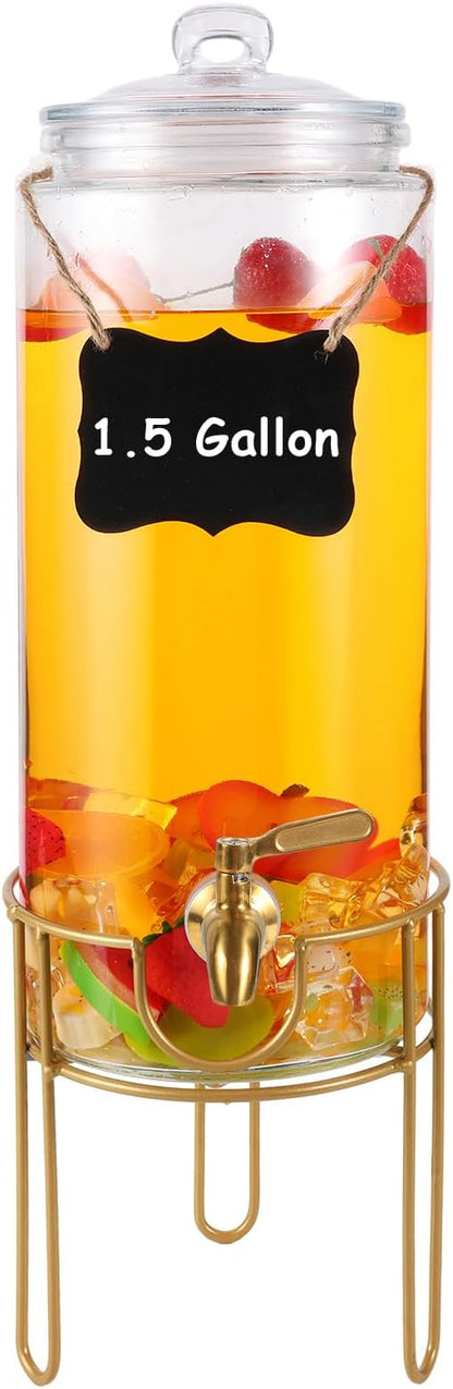 1.5 Gallon Drink dispenser, Glass Beverage Dispenser With Stand, Drink Dispensers for Parties With Stainless Steel Spigot + Marker & Chalkboard 100% Leakproof. Perfect For Parties And Daily Use by FUREEY