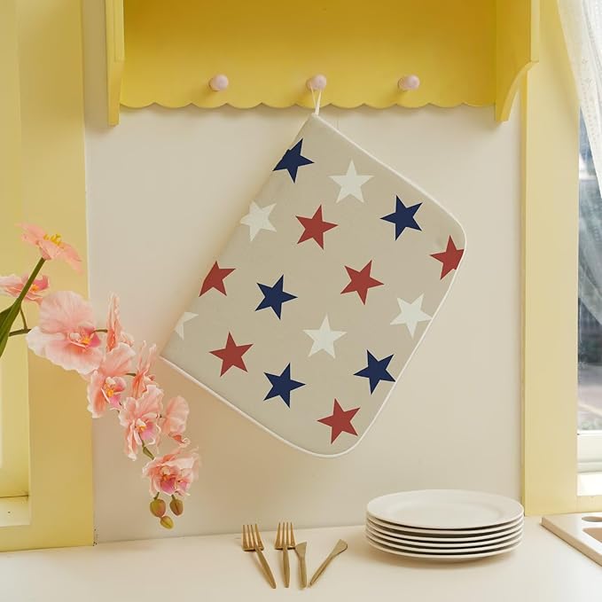 4th of July Dish Drying Mat 18 x 24 inch Independence Day Blue Red White Stars Patriotic Decorative Drying Mats Microfiber Absorbent Dish Washable Draining Mat for Kitchen Counter Decor