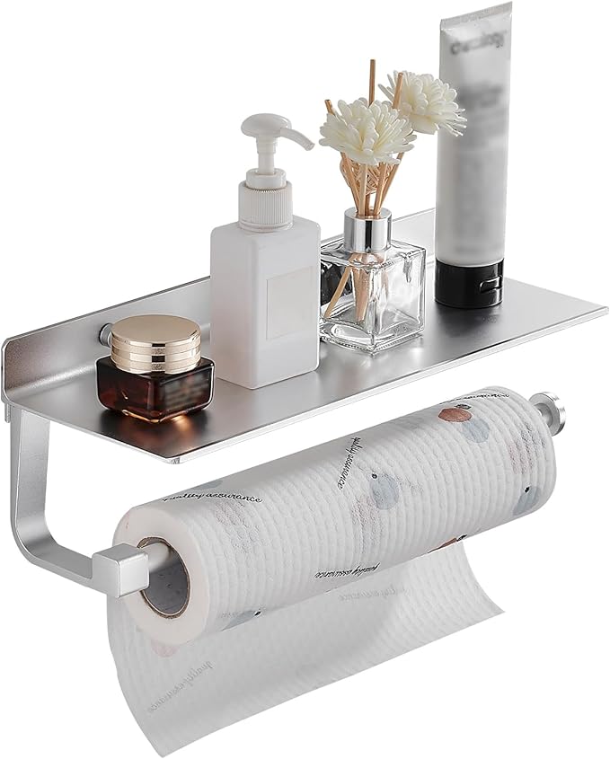 Danpoo Wall Mount Paper Towel Holder with Shelf for Bathroom/Kitchen, Adhesive Hand Towel Holder, Matte Silver by Danpoo-ForYourHome