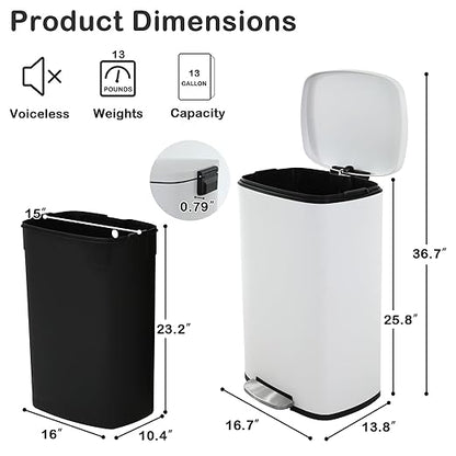 50 Liter Kitchen Trash Can with Lid, Stainless Steel 13 Gallon Trash Can with Foot Pedal and Plastic Inner Bucket, Fingerprint-Resistant Soft Close Lid Garbage Can, Odor Proof and Hygienic, White - Image 6