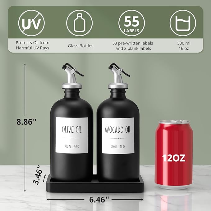 Olive Oil Dispenser Bottle for Kitchen, 16oz Glass Oil and Vinegar Cruet Set with Wood Tray & 54 Labels - Coffee Syrup Dispenser - Black Kitchen Decor and Accessories - Set of 2 - Image 2