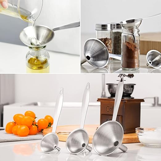 Small Funnels for Filling Bottles, 3 Pcs Stainless Steel Kitchen Funnel Set, Food Grade Mini Metal Funnel for Transferring Oil Liquid, Easy Cleaning with a Brush (Long Handle) - Image 2