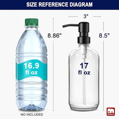 GMISUN Glass Soap Dispenser with Pump, 2 Pack Clear Bathroom Hand Soap Dispenser with Stainless Steel Pump, 17 Fl Oz Refillable Kitchen Hand and Dish Soap Dispensers Set, Modern Liquid Pump Bottles - Image 2