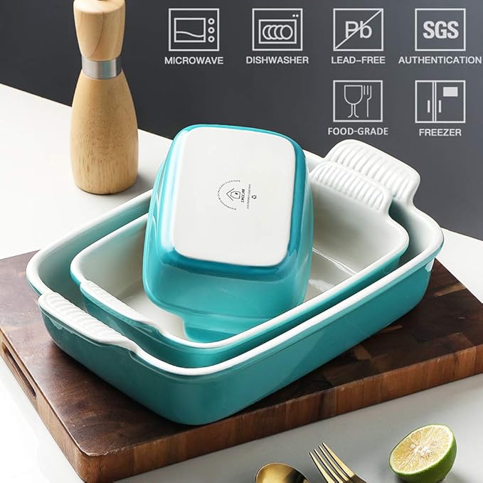 Sweejar Baking Pans Set, Ceramic 9x13 Baking Dish with Handle, Rectangular Casserole Dishes for Oven, Bakeware Sets of 3, Durable Lasagna Pan Deep for Kitchen, Banquet, Wedding Gift(Turquoise) - Image 2
