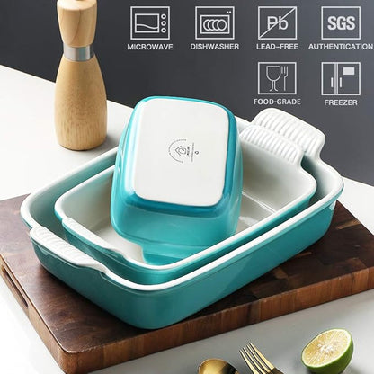 Sweejar Baking Pans Set, Ceramic 9x13 Baking Dish with Handle, Rectangular Casserole Dishes for Oven, Bakeware Sets of 3, Durable Lasagna Pan Deep for Kitchen, Banquet, Wedding Gift(Turquoise) - Image 2