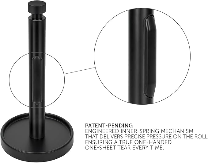 Ivilon Countertop Paper Towel Holder - Weighted Heavy Duty Steel Stand with Non-Slip Base for a Steady One-Handed One Sheet Tear - Fits All Rolls - Black - Image 2