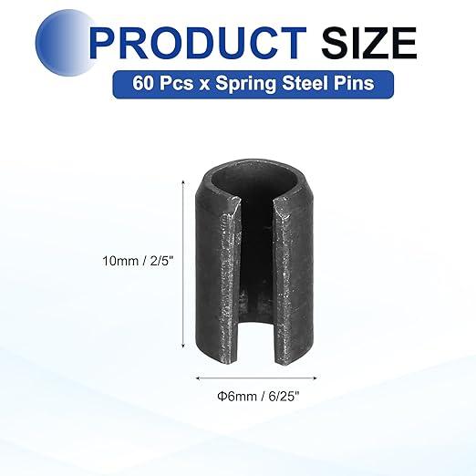 MECCANIXITY 60Pcs Slotted Split Roll Pins 6/25 Inch(6mm) Dia. 2/5 Inch(10mm) Length 65Mn Steel Spring Tension Expansion Dowels for Secure Fastening, Black